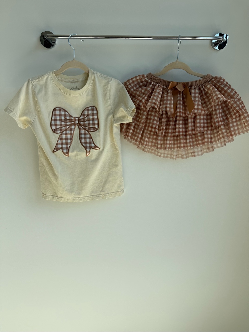 Girls Cream Tee & Brown Gingham Tulle Skirt Matching Set